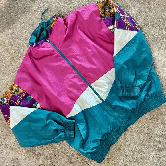 Winterset Jackets & Blazers - Vintage 80s Color Block Windbreaker Jacket Pink Teal Equestrian Scarf Print Sz L